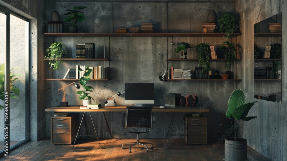 Poster a modern office with a large desk and a computer