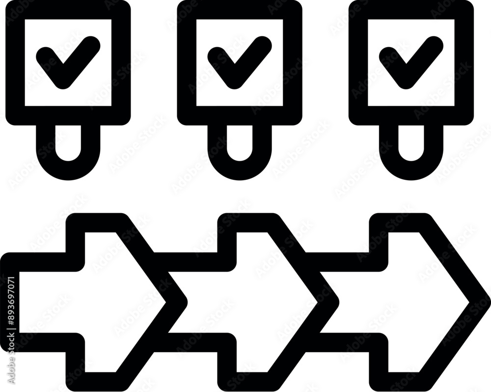 Poster simple icon of a three step business process showing tasks moving forward with check marks indicatin