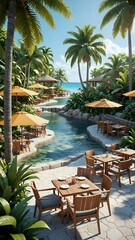 Fototapeta premium Relaxing tropical patio with tables and chairs by a pool overlooking the ocean.