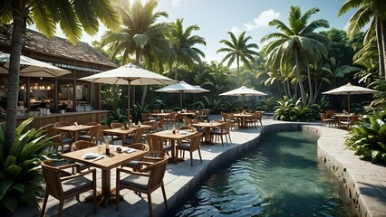 Fototapeta premium Tropical resort with poolside dining.