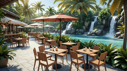 Fototapeta premium Relaxing tropical cafe with tables, chairs, and umbrellas overlooking a waterfall.