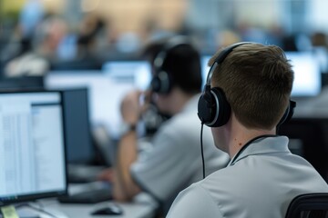A busy call center with employees wearing headsets and talking to customers