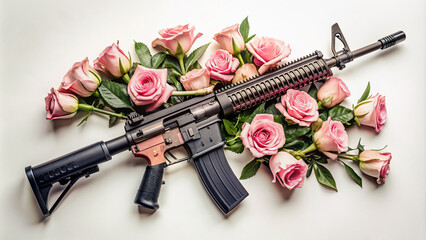 A menacing automatic rifle lies horizontally, juxtaposed with a delicate bouquet of pink roses, creating a striking contrast on a crisp white background.