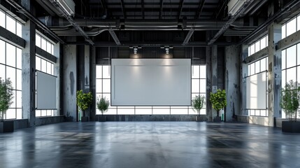 Obraz premium A large empty room with a white screen and a few potted plants