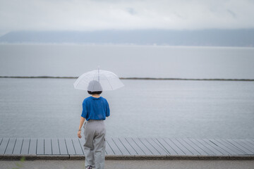 Behind of young Asian woman walking and holding umbrella with lake background, In the rainy season concept.