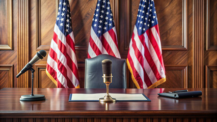 Elegant wooden desk with American flag, microphone, and official documents, symbolizing leadership, power, and responsibility in government and public service.