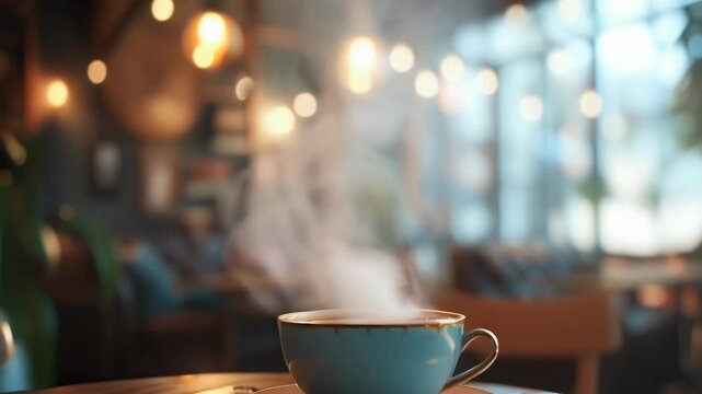 A steaming blue teacup sits on a wooden table in a cozy, warmly lit cafe during the daytime. The background features a blurred interior with hanging lights, adding to the relaxed ambiance.