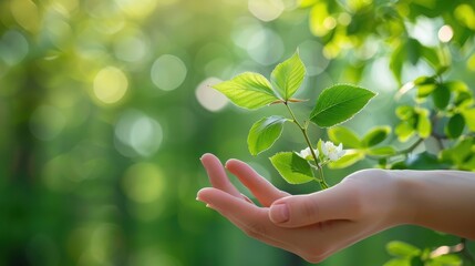 A gentle hand holds a vibrant green leaf, symbolizing nature, growth, and environmental care in a serene forest setting.