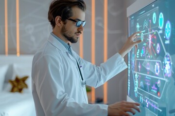 A male scientist in a lab coat interacts with a futuristic touchscreen interface displaying digital data and graphics.