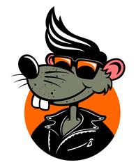Cartoon style rat character in the leather jacket and 50 s style haircut, vector illustration. Isolated on white background.