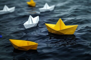 Colorful paper boats floating on calm water. Serene and artistic composition. Perfect for concepts related to leadership, dreams, and childhood. High-quality digital artwork. Generative AI
