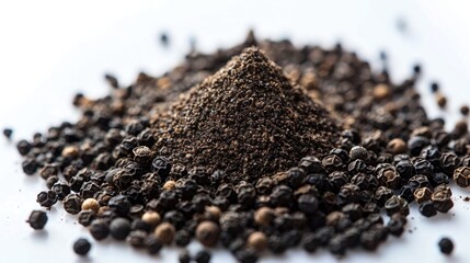 Black peppercorns powder on a white background