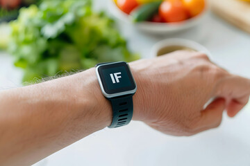 Intermittent fasting or IF concept, ketogenic diet, a wearable device tracking a person's on hand with word "IF"