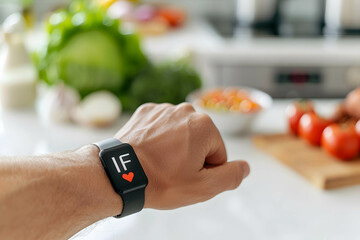 Fototapeta premium Intermittent fasting or IF concept, ketogenic diet, a wearable device tracking a person's on hand with word 