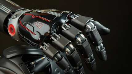 Close-up of a futuristic robotic hand showcasing advanced technology and intricate design in a sleek black finish.