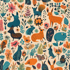 Vibrant Whimsical Pattern: Adorable Animals & Floral Motifs Seamlessly Combined