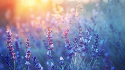 Blooming fragrant blue lavender flowers on a tranquil summer field