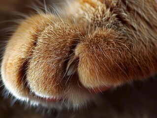 A close-up of a cat s paw, showing the fine details of the fur and the texture of the pads