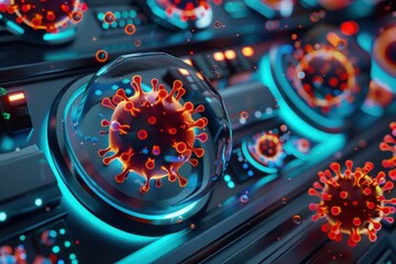 Close-up view of a virus model with a futuristic look, showcasing intricate details and vibrant colors on a sleek surface.