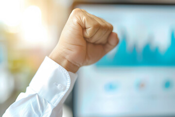Earning profits or returns and being successful in investing, close-up of a businessman clench a fist at a stock chart from behind