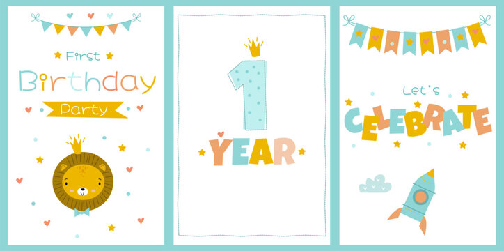 Set of cards to celebrate the first birthday with a cute lion cub, rocket, stars and crown