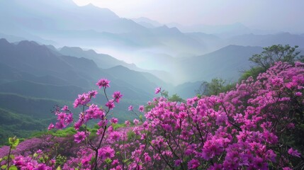 Blooming Pink Bauhinia purpurea flowers create stunning mountain landscapes