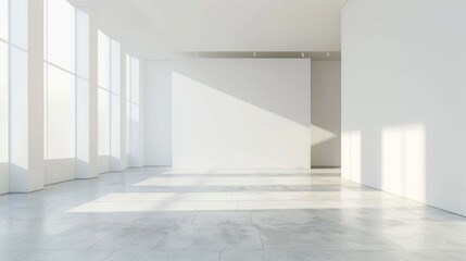 A large, empty room with a white wall and a white floor