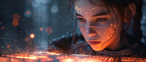 Futuristic Woman with Glowing Digital Interface on Face