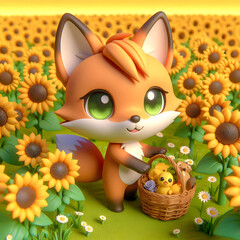 Chibi Fox in a Field of Sunflowers