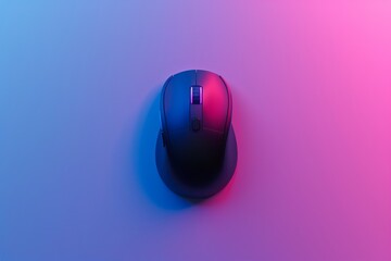 Wireless black mouse floating in colorful neon light