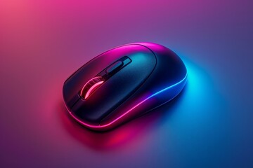 Wireless black computer mouse floating in neon light gradient