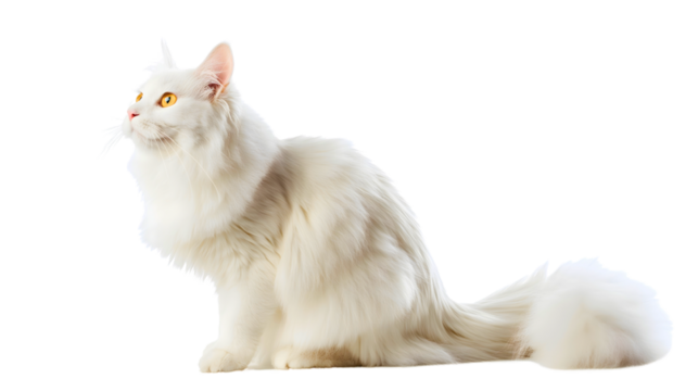A transparent image of a white cat, very beautiful and luxurious, with white fur, on its way somewhere.