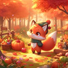 Chibi Fox in a Summer Meadow autumn Forest