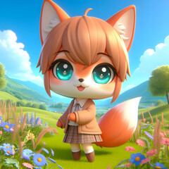 Chibi Fox in a Summer Meadow autumn Forest
