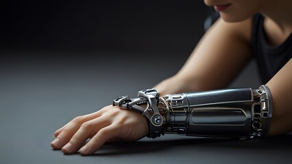 a person's arm with a robot that has the arm up