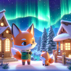 Chibi Fox and the Northern Lights