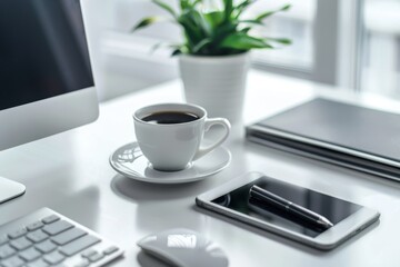 Work desk with various tech gadgets and a drink