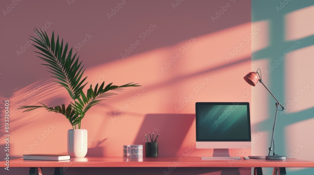 Poster a desk with a computer monitor and a vase of a palm tree