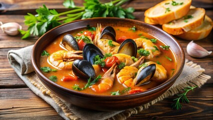 Sopa de mariscos servida en un cuenco de barro, decorada con perejil fresco, acompañada de pan rústico y ajo, sobre una mesa de madera. Cocina francesa.