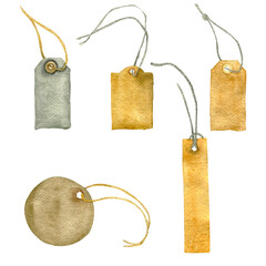 Set of vintage paper tags, ancient paper cards. Retro blank brown cardboard price tag or label, tag price isolated. Hand-drawn watercolor illustration. Isolated on a white background. 