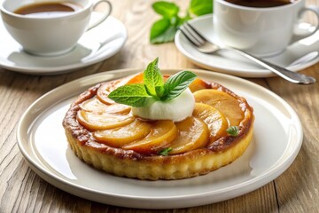 Tarta de frutas con manzanas, decorada con crema y menta, acompañada de dos tazas de café, sobre una mesa de madera. Cocina francesa.