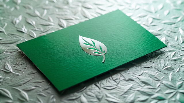 A sleek, modern, emerald green business card lies on a crisp white background, embossed with silver foil letters and a subtle leaf pattern design.