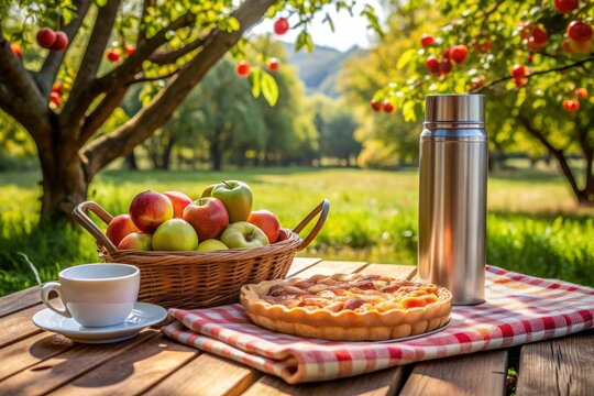 Tarta de manzana servida con una taza de caf&eacute; y un termo, acompa&ntilde;ada de una canasta de manzanas frescas, sobre una mesa de madera en un huerto al aire libre. Cocina franc