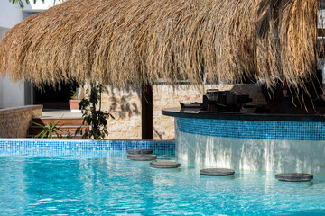 Empty Swim-Up Bar with Straw Canopy in Tropical Resort