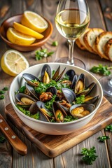 Cuenco de mejillones decorados con perejil fresco, acompañado de pan fresco y una copa de vino blanco, sobre una mesa de madera. Cocina francesa.