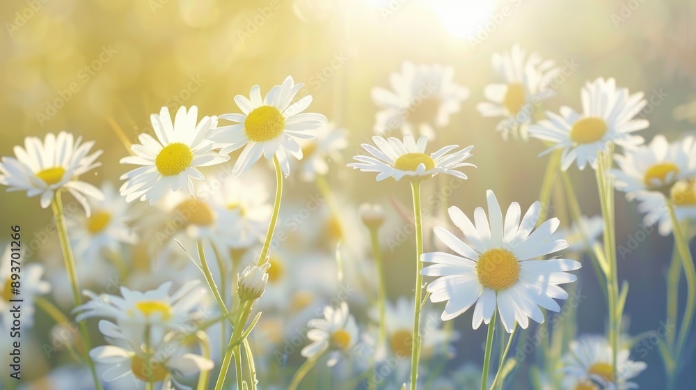 Poster chamomile flowers in a sunny summer meadow a stunning natural background with close up blooms for wa