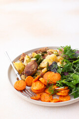 Stewed duck fillet with potatoes and asparagus and radishes, mixed salad of various greens, baked carrots in tahini sauce, healthy delicious breakfasts or lunches