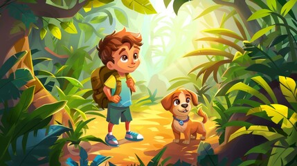 Naklejka premium A little boy with a backpack and a dog in a tropical jungle, cartoon illustration.