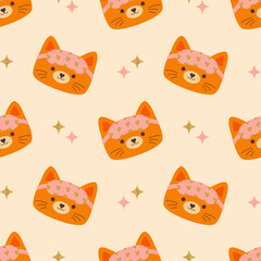 Seamless pattern with a cute red cat face wearing a sleep mask on a background of stars with gold elements. Stylized cartoon drawing of a cute cat face. Eye mask, sleep accessory. Vector illustration 