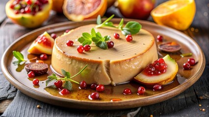 Delicioso flan franc&eacute;s servido en un plato, adornado con frutas frescas y hojas de menta, sobre una mesa de madera. Postre de la cocina francesa.
